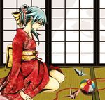  alternate_hairstyle aqua_eyes aqua_hair bad_id bad_pixiv_id ball banned_artist from_side hair_ornament hair_ribbon hatsune_miku japanese_clothes kimono lowres origami orii_(orii_i) paper_balloon paper_crane ribbon shouji sitting sliding_doors solo string tatami temari_ball vocaloid 