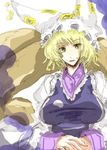  :o blonde_hair breasts fox_tail hat large_breasts long_sleeves looking_at_viewer mob_cap multiple_tails nehan parted_lips pillow_hat short_hair solo tail tassel touhou white_background yakumo_ran yellow_eyes 