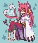  animal_ears bad_id bad_pixiv_id barefoot bell blazblue bracelet capri_pants cat_ears cat_tail glasses heart heart_tail jewelry kokonoe labcoat long_hair midriff multiple_tails navel pants pince-nez pink_hair ponytail red_pants solo tail tsujimiya_(chako_444) 