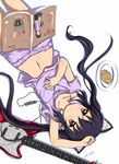  :&lt; animal_ears black_hair book brown_eyes cat_ears digital_media_player earbuds earphones eatbara fish food guitar highres instrument k-on! long_hair lying magazine midriff nakano_azusa navel no_nose on_back pajamas pout product_placement solo taiyaki twintails upside-down wagashi 