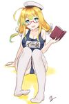  blonde_hair blue_eyes book breasts glasses hat i-8_(kantai_collection) kantai_collection large_breasts long_hair mirakururu one-piece_swimsuit school_swimsuit solo swimsuit thighhighs twintails 