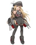  :d bare_shoulders bismarck_(kantai_collection) blonde_hair blue_eyes crossed_arms detached_sleeves fang full_body goichi grey_legwear hat kantai_collection long_hair long_sleeves machinery military military_uniform open_mouth peaked_cap simple_background smile solo thighhighs turret uniform very_long_hair white_background younger zettai_ryouiki 