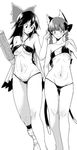  animal_ears arm_cannon bad_id bad_twitter_id bikini bird_wings black_wings blush bow braid breasts cape cat_ears cat_tail greyscale hair_bow hair_ornament kaenbyou_rin long_hair looking_down medium_breasts midriff monochrome multiple_girls multiple_tails navel o-ring o-ring_bottom o-ring_top open_mouth panties pointy_ears reiuji_utsuho simple_background small_breasts sweatdrop swimsuit tail touhou twin_braids underwear urin weapon white_background wings 