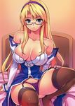  absurdres bare_shoulders blonde_hair blue_eyes blush breasts cleavage cleavage_cutout collarbone detached_sleeves dress freezing garter_straps glasses hairband highres kim_kwang_hyun large_breasts long_hair long_sleeves looking_at_viewer no_bra official_art panties satellizer_el_bridget semi-rimless_eyewear solo thighhighs under-rim_eyewear underwear 