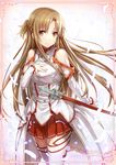  asuna_(sao) bare_shoulders breastplate brown_eyes brown_hair detached_sleeves feathers gabiran hand_on_own_chest long_hair solo sword sword_art_online thighhighs very_long_hair weapon zettai_ryouiki 