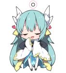  1girl :d bangs black_bow black_footwear blush bow chibi commentary_request dotted_line dragon_horns eyebrows_visible_through_hair eyes_closed facing_viewer fate/grand_order fate_(series) full_body green_hair heart horns japanese_clothes kimono kiyohime_(fate/grand_order) long_hair long_sleeves milkpanda obi open_mouth sash sidelocks simple_background sleeves_past_fingers sleeves_past_wrists smile solo standing thighhighs very_long_hair white_background white_kimono white_legwear wide_sleeves 