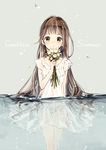  bangs brown_hair dress flower gomzi green_eyes holding holding_flower long_hair looking_at_viewer md5_mismatch original partially_submerged see-through smelling_flower solo summer sundress 