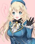  atago_(kantai_collection) blonde_hair blue_eyes gloves hat kantai_collection long_hair mirakururu smile solo translated uniform waving 