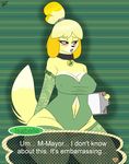  2015 abstract_background animal_crossing anthro blonde_hair blush breasts cleavage clipboard clothed clothing collar english_text ensayne eyelashes fur hair isabelle_(animal_crossing) lingerie lipstick navel nintendo open_mouth paper purple_eyes solo text tongue video_games yellow_fur 