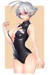  antenna_hair black_swimsuit breasts center_opening cleavage cowboy_shot front_zipper_swimsuit katagiri_hachigou large_breasts meme_attire one-piece_swimsuit original pointy_ears red_eyes short_hair silver_hair solo swimsuit thighs 