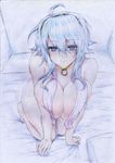  absurdres ahoge aqua_eyes bangs bed breast_press breasts choker colored_pencil_(medium) covered_nipples duel_monster hair_over_breasts hairband highres large_breasts leaning_forward looking_at_viewer milla_the_temporal_magician nude reebi sidelocks smile solo traditional_media white_hair yuu-gi-ou 