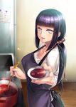  apron breasts cleavage collarbone cooking food foreshortening giving highres hyuuga_hinata kitchen ladle large_breasts long_hair looking_at_viewer low_ponytail naruto naruto_(series) ponytail pot purple_hair refrigerator rororororo scrunchie shiny shiny_hair sink smile solo white_eyes 