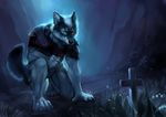 2015 anthro armor black_fur blue_eyes bottomless canine clothed clothing dog fur half-dressed husky kneeling male mammal red_eyes rhyu solo tombstone white_fur 