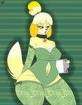  2015 abstract_background animal_crossing anthro blonde_hair blush breasts cleavage clipboard clothed clothing collar ensayne eyelashes fur hair isabelle_(animal_crossing) lingerie lipstick navel nintendo open_mouth paper purple_eyes solo tongue video_games yellow_fur 