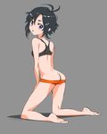  :o antenna_hair ass back bare_legs barefoot black_hair blue_eyes chuuseishi-kun from_behind grey_background idolmaster idolmaster_(classic) idolmaster_2 kikuchi_makoto kneeling long_legs looking_back plantar_flexion short_hair solo sports_bra 