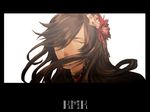  braid brown_hair closed_eyes earrings flower hair_flower hair_ornament izumi-no-kami_kanesada jewelry kyoji_(tmtrymetm) long_hair male_focus simple_background solo touken_ranbu upper_body white_background 