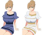  blue_eyes breasts brown_hair dress highres kloah large_breasts looking_at_viewer meme meme_attire multiple_views original smile the_dress_(meme) 