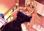  absurdres blonde_hair blue_eyes blush book breasts collarbone dress flower freezing glasses hairband highres kim_kwang_hyun large_breasts lips lipstick long_hair makeup official_art rose satellizer_el_bridget scan semi-rimless_eyewear solo under-rim_eyewear window 