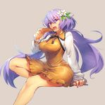  breasts cowboy_shot curvy dress eating flower food food_on_face hair_flower hair_ornament large_breasts lavender_background long_hair long_sleeves looking_at_viewer melon22 open_mouth purple_eyes purple_hair short_dress simple_background sitting skirt solo taut_clothes taut_dress tongue touhou tsukumo_benben very_long_hair wide_hips 