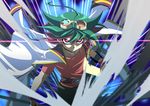  ahoge belt choker glowing glowing_eyes goggles goggles_on_head green_hair jacket_on_shoulders male_focus multicolored_hair orange_shirt red_eyes red_hair sakaki_yuuya shirt solo yuu-gi-ou yuu-gi-ou_arc-v zeke_(analogmon) 