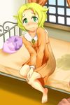  1girl barefoot bed bedwetting bel_(pokemon) blonde_hair feet green_eyes nintendo peeing peeing_self pokemon pokemon_bw solo 