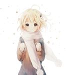  ahoge animal_print backpack bag bear_print blonde_hair bow coat floral_print gomzi haikyuu!! hair_ornament looking_at_viewer mittens one_side_up pom_pom_(clothes) scarf short_hair smile solo star star_hair_ornament yachi_hitoka yellow_eyes 