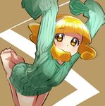  barefoot blonde_hair brown_background feet hairband hrgm kise_yayoi looking_at_viewer precure ribbed_sweater short_hair sleeves_past_wrists smile_precure! solo sweater yellow_eyes 