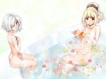  ass bath bathtub blonde_hair convenient_leg darwin's_game flower green_eyes hair_over_one_eye long_hair multiple_girls navel nude orange_eyes petals ripples shared_bathing short_hair shuka_(darwin's_game) sui_(darwin's_game) takahata_yuki 