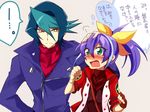  1girl artist_request blue_hair blush bow bracelet coat fingerless_gloves gloves green_eyes hair_bow jacket jewelry kurosaki_shun multicolored_hair petting ponytail scarf serena_(yuu-gi-ou_arc-v) single_glove translated two-tone_hair yuu-gi-ou yuu-gi-ou_arc-v 