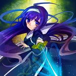  ahoge blue_dress blue_eyes blue_hair dress hairband holding holding_sword holding_weapon left-handed long_hair long_sleeves orie_(under_night_in-birth) rapier solo sword under_night_in-birth weapon yutsuka_(amyucca) 