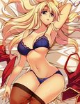  absurdres arm_up armpits blonde_hair blue_bra blue_eyes blue_panties blush bra breasts brown_legwear cleavage freezing highres kim_kwang_hyun large_breasts long_hair lying navel on_back panties pantyhose pantyhose_pull parted_lips satellizer_el_bridget scan shiny shiny_skin solo thighs underwear underwear_only 