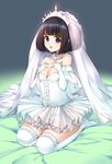  bare_shoulders black_hair breasts bridal_veil cleavage darwin's_game dress elbow_gloves gloves hands_on_own_chest kashiwagi_rein medium_breasts mole mole_under_eye no_shoes panties purple_eyes see-through solo takahata_yuki thighhighs tiara underwear veil wedding_dress white_gloves white_legwear 