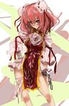  bun_cover chinese_clothes cuffs double_bun flower hand_on_hip handcuffs hey_taishou highres ibaraki_kasen looking_at_viewer pink_eyes pink_hair smile solo tabard touhou 