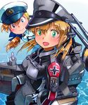 anchor_hair_ornament blonde_hair blue_eyes commentary_request female_admiral_(kantai_collection) green_eyes hair_ornament hat inui_(jt1116) iron_cross kantai_collection long_hair military military_uniform multiple_girls naval_uniform peaked_cap prinz_eugen_(kantai_collection) twintails uniform 