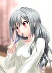  casual grey_hair hair_down idolmaster idolmaster_cinderella_girls jpeg_artifacts kanzaki_ranko long_hair md5_mismatch pencil red_eyes solo zen 