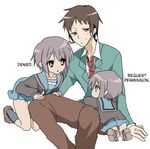  1boy 2girls age_regression brown_eyes brown_hair cardigan dual_persona grey_hair hard_translated kurese_(speedy_rain) kyon multiple_girls nagato_yuki school_uniform short_hair suzumiya_haruhi_no_yuuutsu time_paradox translated younger 