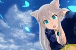  animal_ears aqua_eyes breasts cat_ears cleavage cloud commentary_request jewelry long_hair medium_breasts necklace open_mouth original rokka_(gipsyroad) sky solo upper_body 