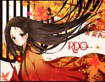  autumn autumn_leaves blurry brown_hair camellia depth_of_field flower holding holding_flower japanese_clothes leaf letterboxed long_hair looking_at_viewer maple_leaf pop159 rdg_red_data_girl solo suzuhara_izumiko title very_long_hair window 