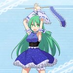  :d alternate_costume antenna_hair arm_warmers armpits arms_up blush breasts cato_(monocatienus) corset cowboy_shot dress frilled_dress frilled_ribbon frills gohei green_eyes green_hair hair_tubes kochiya_sanae large_breasts long_hair looking_at_viewer open_mouth petticoat ribbon sleeveless sleeveless_dress smile solo thigh_strap touhou v-shaped_eyebrows very_long_hair 