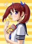  can chip_star chips food hair_ribbon ichikawa_masahiro mouth_hold original potato_chips pringle_duck purple_eyes red_hair ribbon school_uniform serafuku solo twintails 