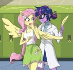  2015 animal_ears blue_eyes blush clothing duo equestria_girls equine eyeshadow feather female fluttershy_(eg) hair hair_bun lab_coat makeup mammal my_little_pony pegasus pencil pink_hair purple_eyes purple_hair scientist skirt sweat ta-na twilight_sparkle_(eg) wings 