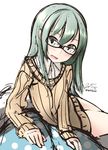  bad_id bad_pixiv_id black_eyes glasses green_hair kantai_collection long_hair nekobaka ribbed_sweater sketch solo suzuya_(kantai_collection) sweater 