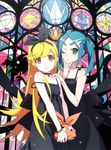  :&lt; absurdres bangs black_dress blonde_hair blue_hair blush_stickers bracelet choker dress eyebrows flat_chest green_eyes hair_ornament hairband hand_on_another's_shoulder highres jewelry long_hair looking_at_viewer monogatari_(series) multiple_girls official_art ononoki_yotsugi oshino_shinobu parted_bangs parted_lips scan stained_glass strap_slip swept_bangs twintails very_long_hair watanabe_akio yellow_eyes 