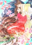  1girl branch brown_eyes brown_hair flower hat highres holding_hands japanese_clothes kimono long_hair pom_pom_(clothes) rdg_red_data_girl sagara_miyuki sasago short_hair smile suzuhara_izumiko tokin_hat very_long_hair wings 