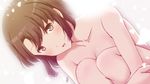  bangs blush brown_eyes brown_hair collarbone face katou_megumi leg_hug machinosuke nude petals saenai_heroine_no_sodatekata short_hair solo white_background 