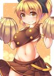 adapted_costume blonde_hair blush bouncing_breasts bow breasts cheerleader fun_bo hair_bow kurodani_yamame large_breasts looking_at_viewer midriff navel pom_poms skirt sleeveless smile solo touhou yellow_eyes 