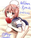  2015 ahoge aikawa_ryou blush character_name dated hair_ornament i-58_(kantai_collection) kantai_collection licking looking_at_viewer neckerchief pink_eyes pink_hair sailor_collar school_swimsuit school_uniform seiza serafuku short_hair sitting solo swimsuit swimsuit_under_clothes torpedo twitter_username 