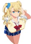  blonde_hair blue_eyes breasts galko highres kloah large_breasts long_hair looking_at_viewer oshiete!_galko-chan school_uniform smile solo v 