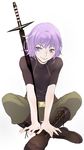  boots chako_(yuuzome8) cosplay highres ichigou_(kekkaishi) ichigou_(kekkaishi)_(cosplay) kakeru_(kekkaishi) kekkaishi purple_eyes purple_hair short_hair solo sword weapon 