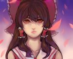  2015 absurdres artist_name blank_eyes bow brown_eyes brown_hair collarbone dated expressionless face gradient gradient_background hair_bow hair_tubes hakurei_reimu highres light_smile lips long_hair looking_at_viewer petals pink_background portrait purple_background shaded_face solo touhou uu_ser 